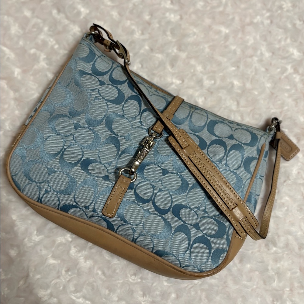 Coach Hampton Signature Light Blue Canvas and Tan Leather Shoulder Bag